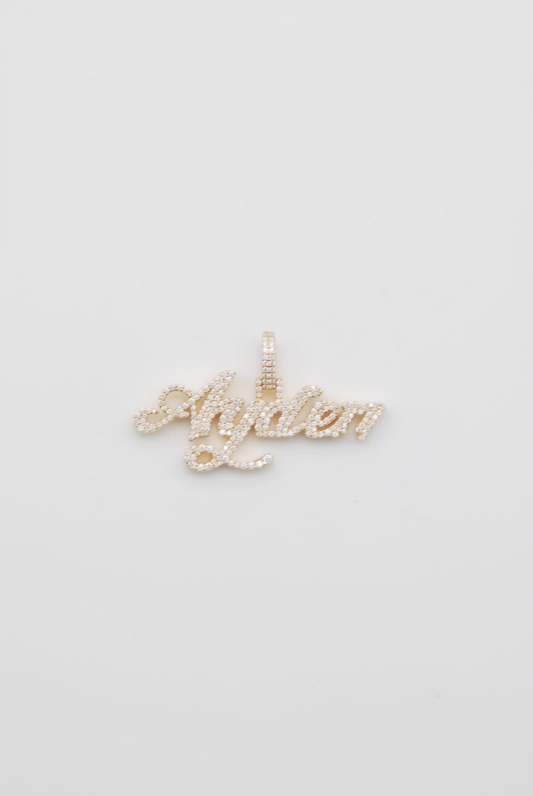 Gold pavé diamond script name pendant