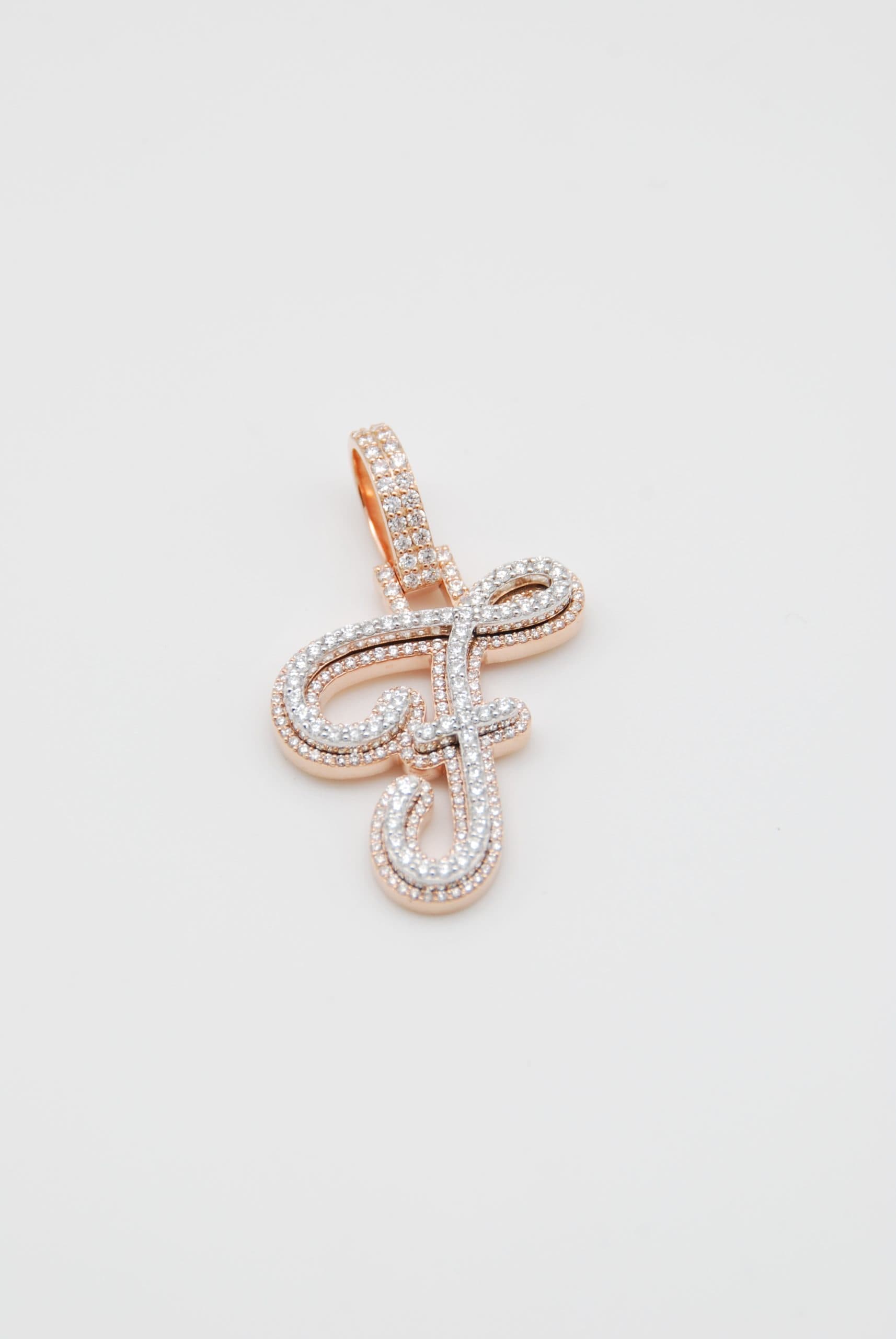Rose gold two-tone pavé diamond script F initial pendant
