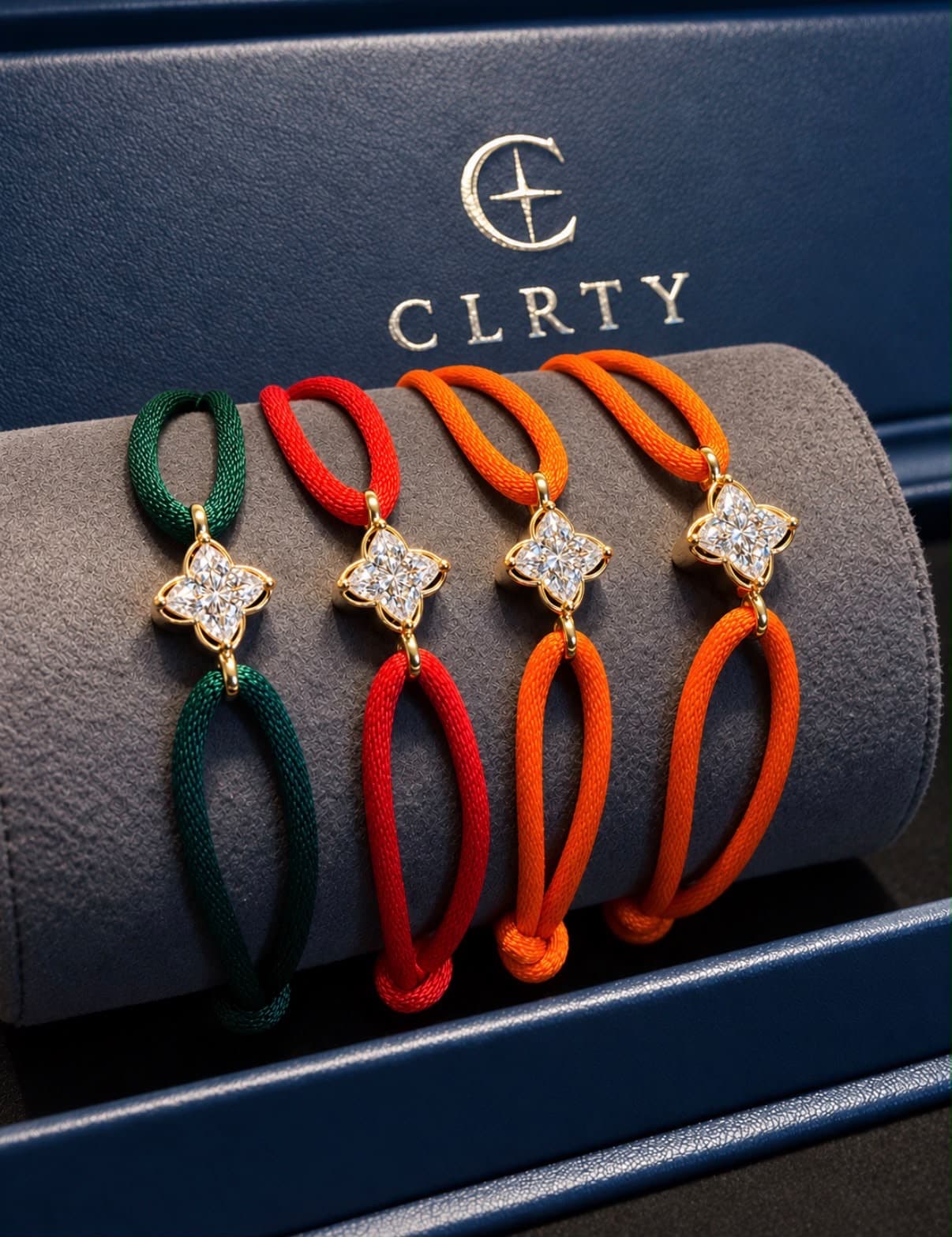 The CLRTY Bracelet on green, red and orange cords in its presentation box